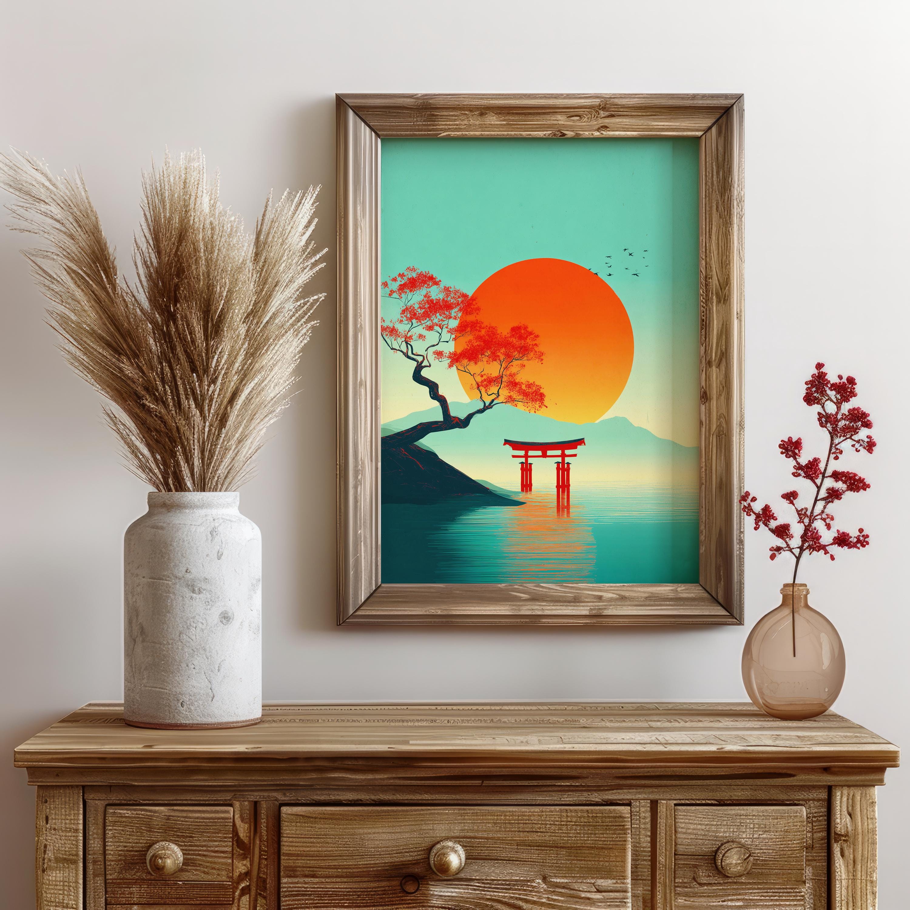 Japanese Torii Sunset Poster – Red Sun Lake Wall Art, Minimalist