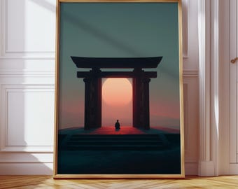 Japanese Torii Gate Sunset Poster Gift | Zen Japanese Wall Art | Minimalist Shrine Landscape Print | Modern Oriental Decor