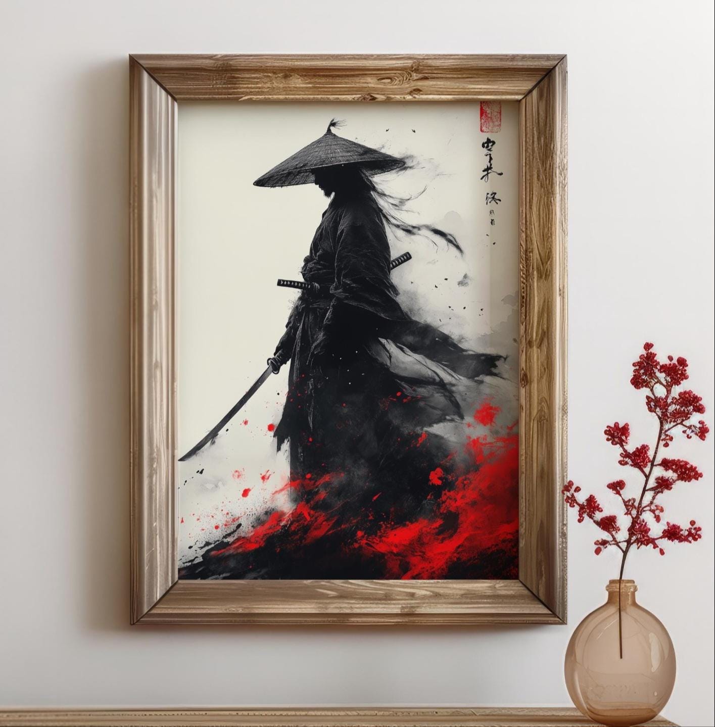 侍の戦士の壁掛けアート – 日本の墨絵風ポスター、刀武士道プリント