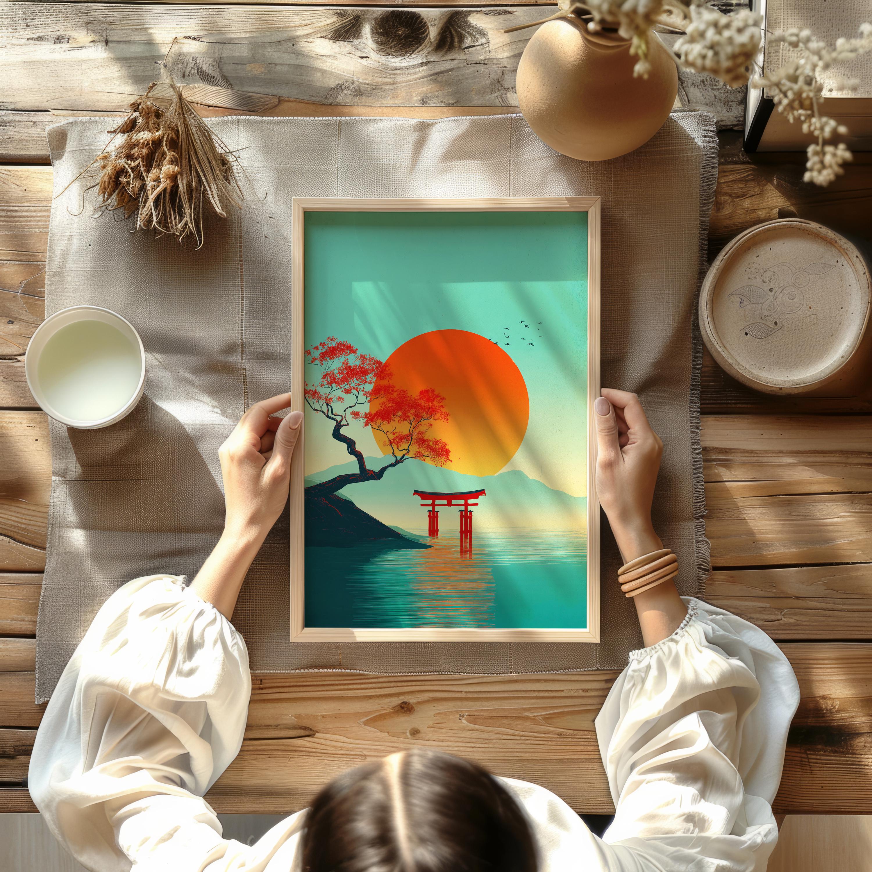 Japanese Torii Sunset Poster – Red Sun Lake Wall Art, Minimalist
