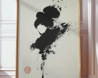 Könnte beinhalten: Abstrakte schwarze Tuschemalerei einer Figur mit Duttfrisur. Das Kunstwerk befindet sich auf einem cremefarbenen Hintergrund, der in einem hellen Holzrahmen gerahmt ist. Ein roter runder Stempel befindet sich in der unteren linken Ecke. Der Stil erinnert an japanische Kalligraphie.