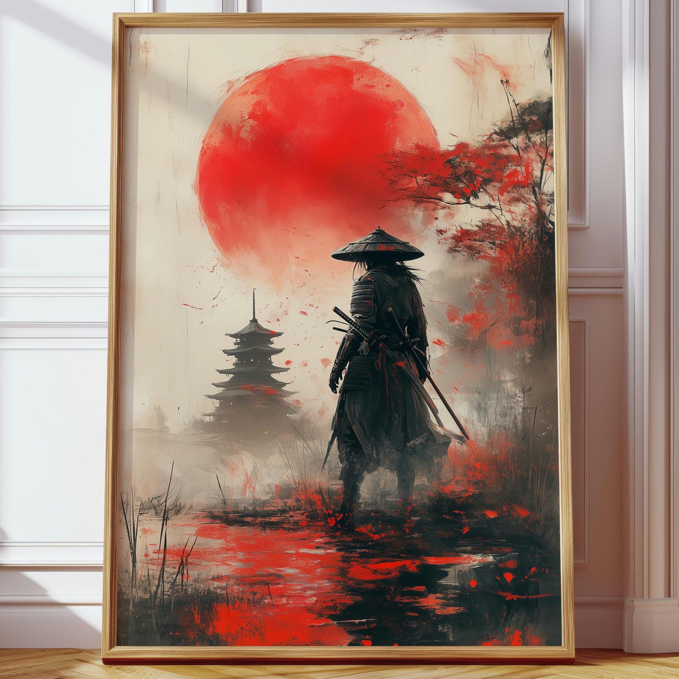 Japanese Samurai Pagoda Poster – Red Sun Katana Wall Art, Ronin