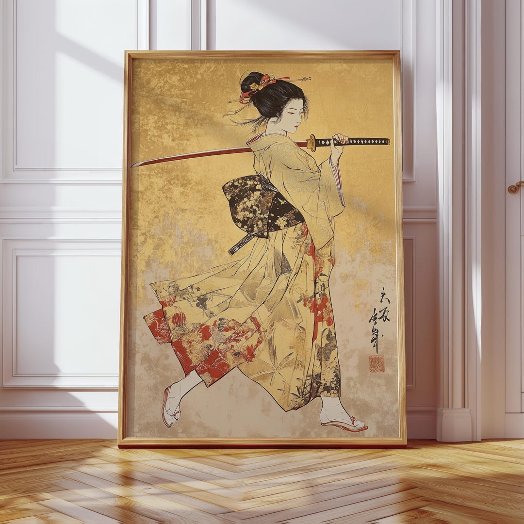 Japanese Samurai Geisha Poster | Golden Ukiyo-e Kimono Art Print ...