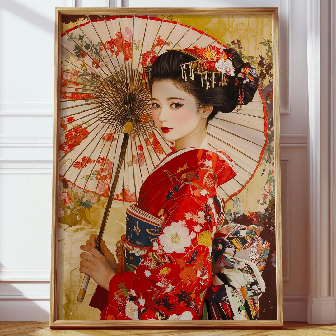 Japanese Geisha Red Kimono Poster Gift | Traditional Japanese Wall Art ...