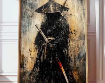 Plakat z japońskim samurajem | Japońska minimalistyczna grafika artystyczna | Grafika ścienna z mrocznym wojownikiem | Odważny japoński prezent