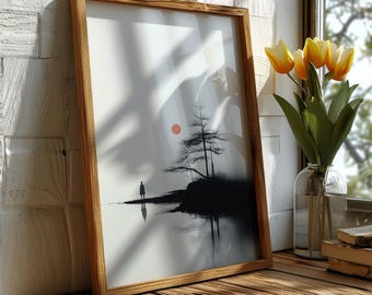 Japanese Minimalist Landscape Poster Digital Download | Japanese Ink Art Print | Zen Printable Wall Art | Sumi-e Style Artwork