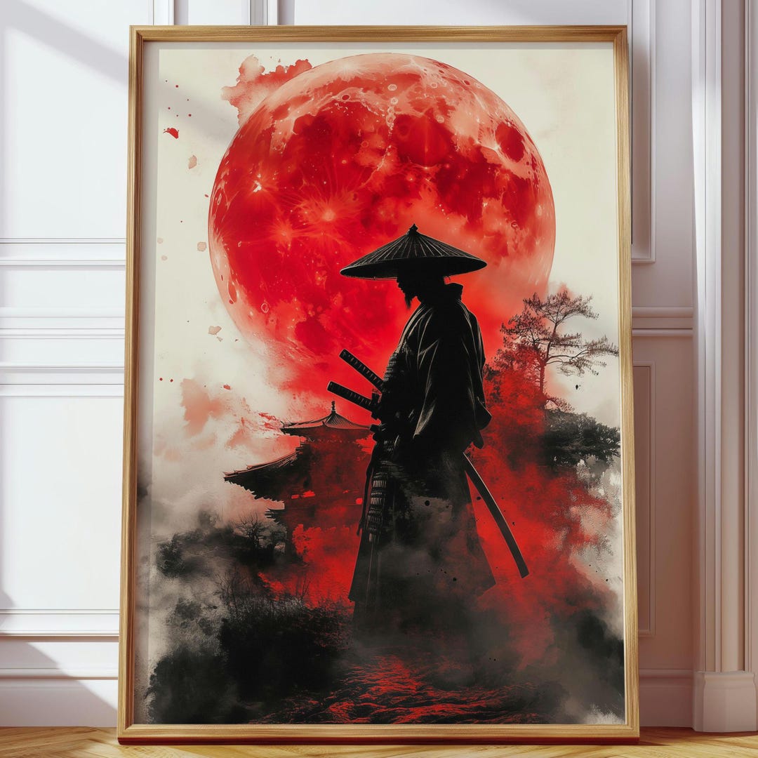 Japanese Samurai Moon Poster | Japanese Warrior Art Print | Red Moon ...