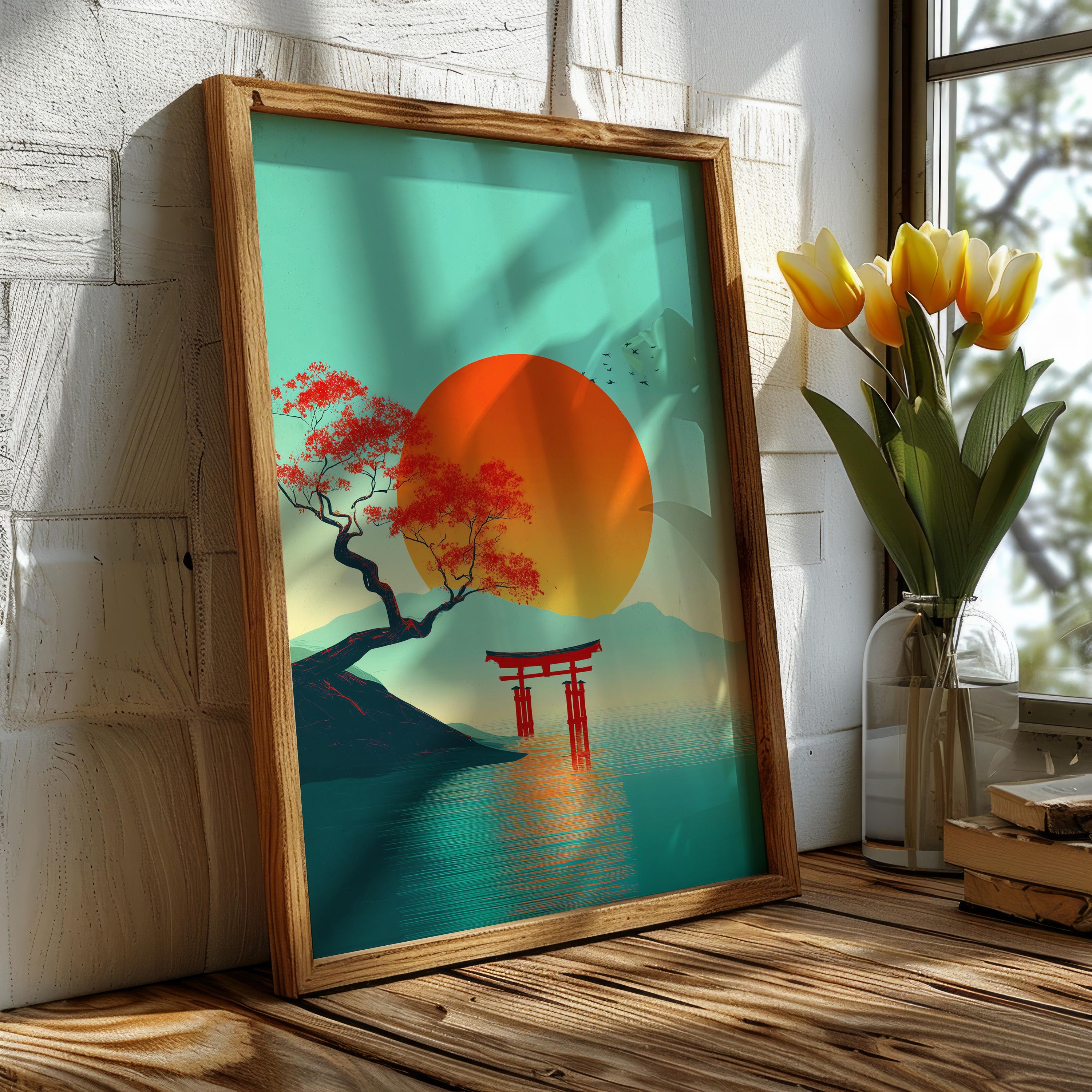 Japanese Torii Sunset Poster – Red Sun Lake Wall Art, Minimalist