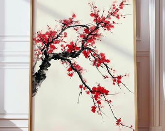 Japanese Cherry Blossom Branch Wall Art – Minimalist Red Sakura Poster, Zen Oriental Home Decor Print