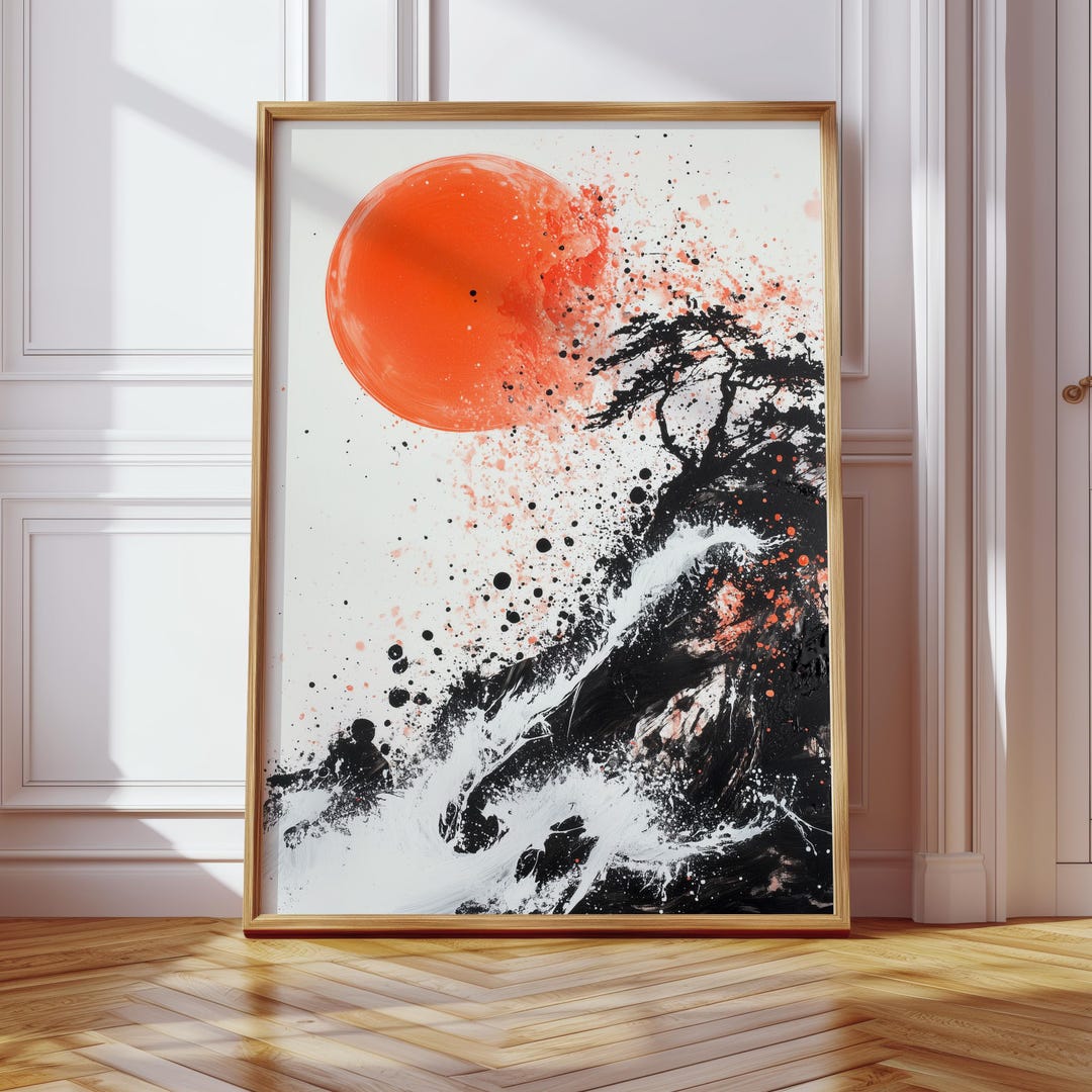 Red Sun Mountain Poster — Abstract Japanese Landscape Art Print, Bold ...