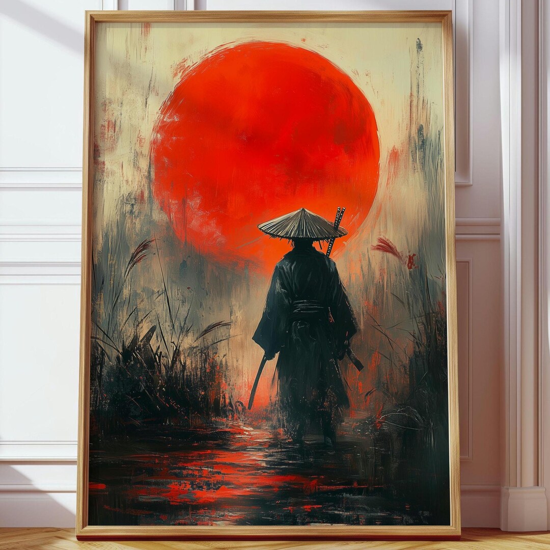 Samurai Warrior Wall Art – Japanese Red Sun Poster – Zen Bushido Decor ...