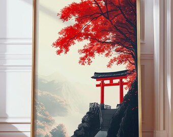 Japanese Torii Gate Poster | Japanese Minimal Art Print | Zen Landscape Wall Art | Red Maple Tree Painting | Modern Japan Decor