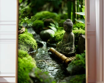 May include: A framed print depicting a tranquil garden. A stone Buddha statue rests on a bamboo raft in a stream, surrounded by vibrant green moss and plants. The artwork creates a sense of peace and serenity.
