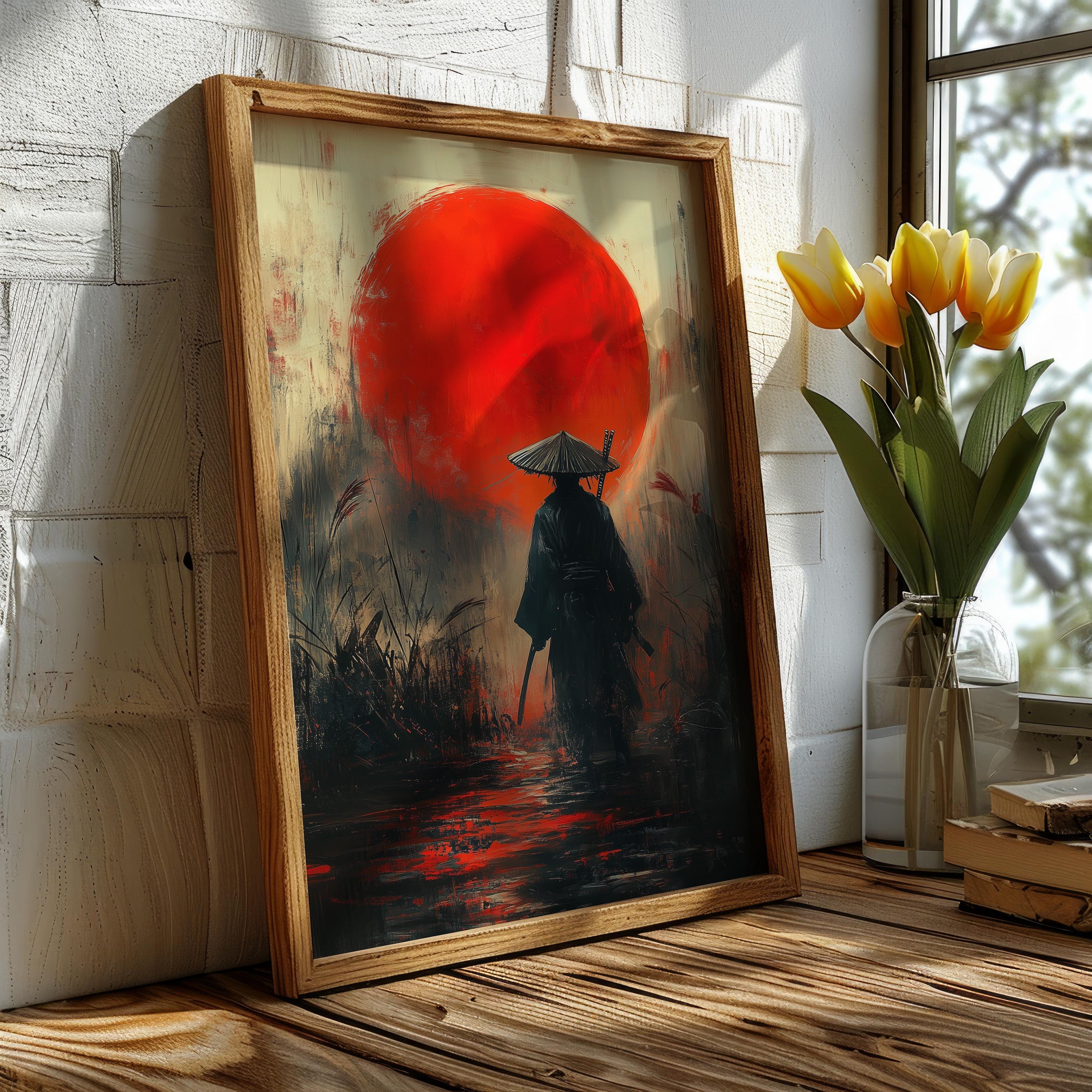 Samurai Warrior Wall Art – Japanese Red Sun Poster – Zen Bushido Decor ...