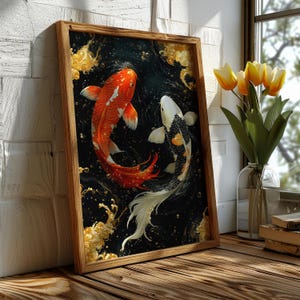 Japansk Koi-fiskposter – Väggkonst med röd och svart karp, målning av Yin Yang-symbol, orientalisk heminredningsgåva bild 8
