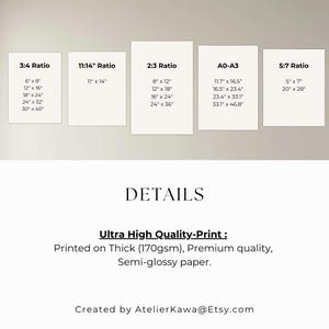 May include: A display of white rectangular art prints with various aspect ratios, including 3:4, 11x14, 2:3, A0-A3, and 5:7. The prints are labeled with their dimensions in inches. The text "DETAILS" and "Ultra High Quality-Print" are also visible.