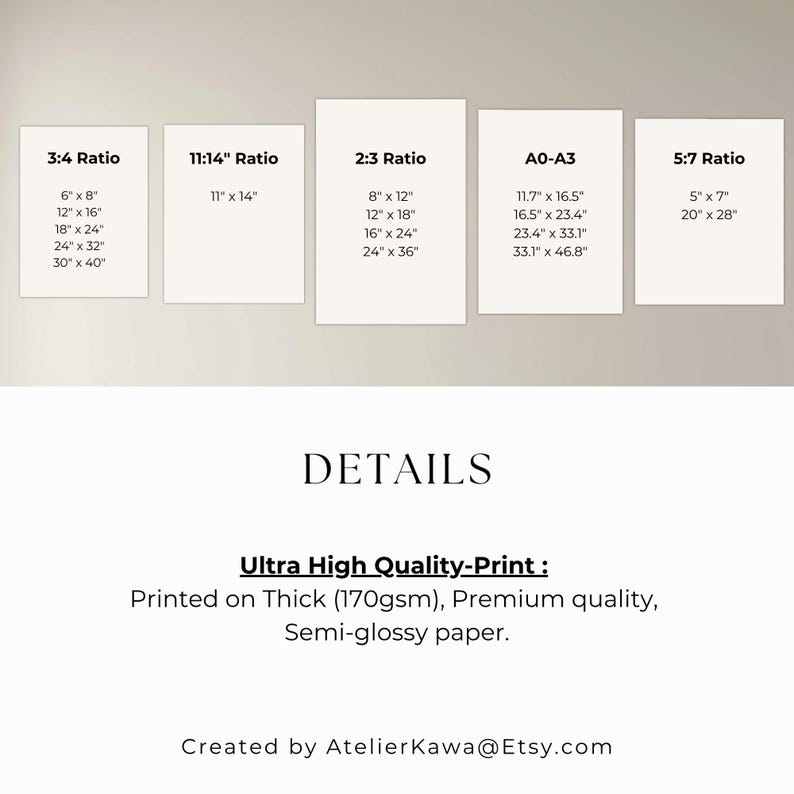 May include: A display of white rectangular art prints with various aspect ratios, including 3:4, 11x14, 2:3, A0-A3, and 5:7. The prints are labeled with their dimensions in inches. The text "DETAILS" and "Ultra High Quality-Print" are also visible.