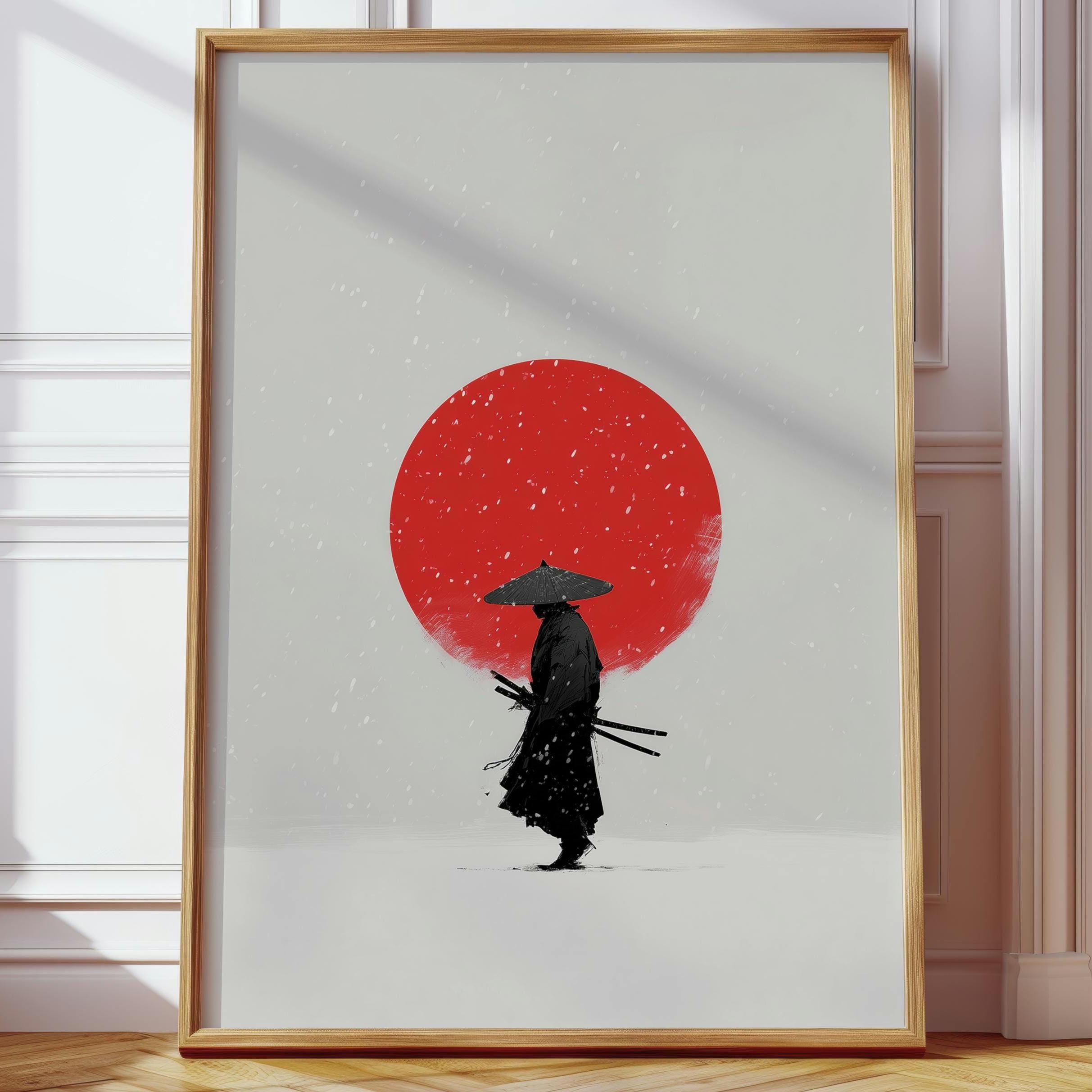 Samurai Red Sun Poster – Minimalist Japanese Wall Art, Snow Scene