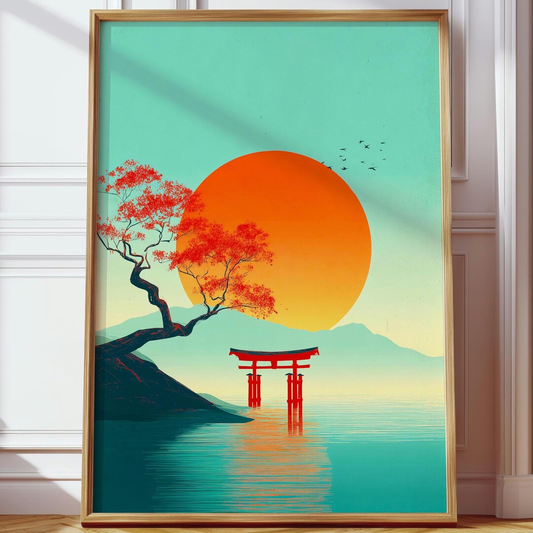 Japanese Torii Sunset Poster – Red Sun Lake Wall Art, Minimalist