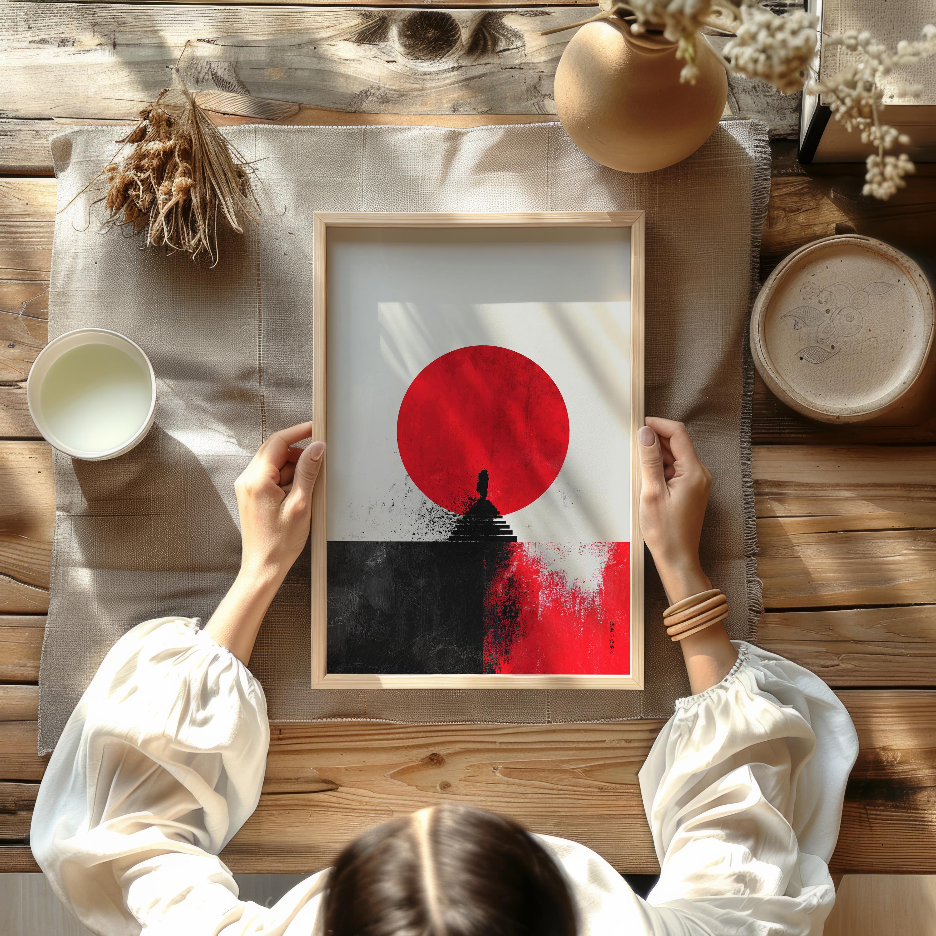 Zen Red Sun Poster – Japanese Minimalist Wall Art Print, Abstract
