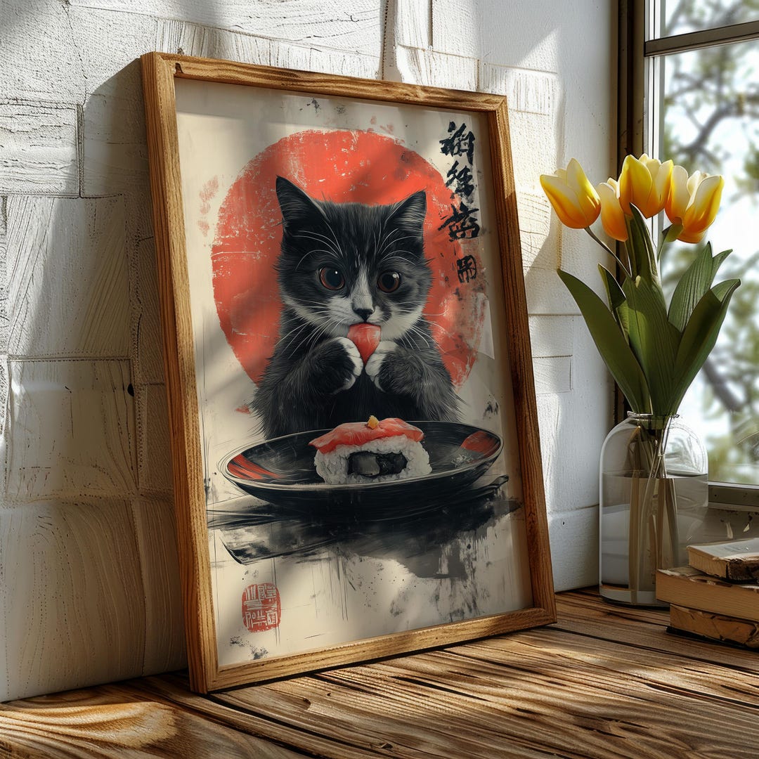 Download This Cute Cat Eating Sushi Printable Wall Art for a Perfect ...