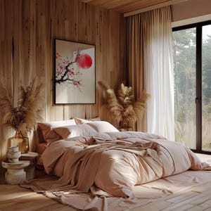 May include: A bedroom with a wooden wall and floor, featuring a bed with a blush-colored duvet and pillows. A framed artwork with a red sun and cherry blossom branch hangs above the bed. Tall dried plants in vases add a natural touch.