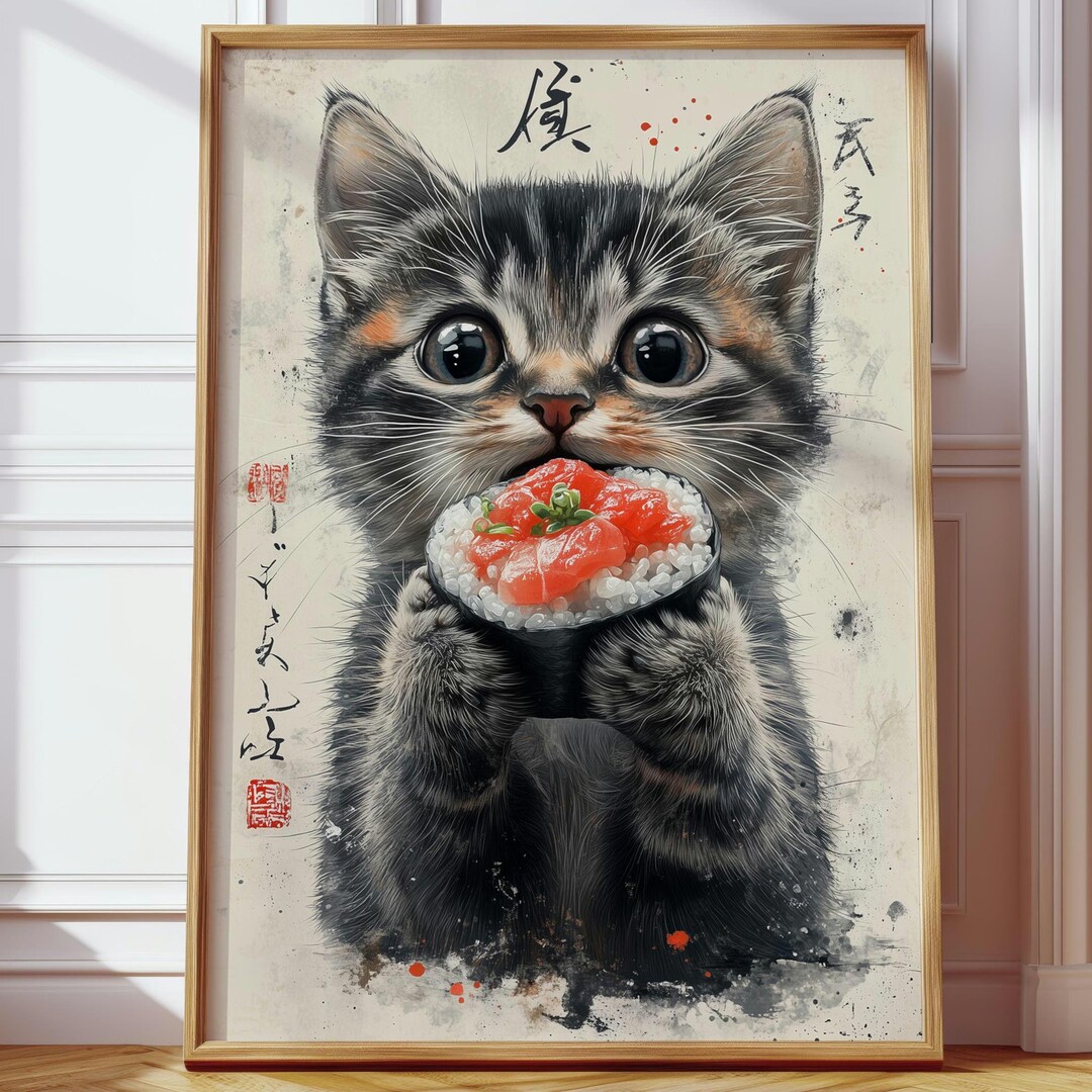 Japanese Sushi Cat Poster – Cute Kitten Wall Art, Funny Animal Painting ...