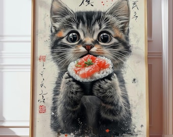 Poster giapponese con gatto sushi – Grazioso gattino da parete, divertente dipinto di animali, regalo di arredamento giapponese kawaii