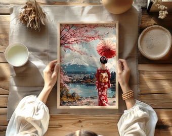 Japanese Geisha Fuji Poster – Cherry Blossom Wall Art, Traditional