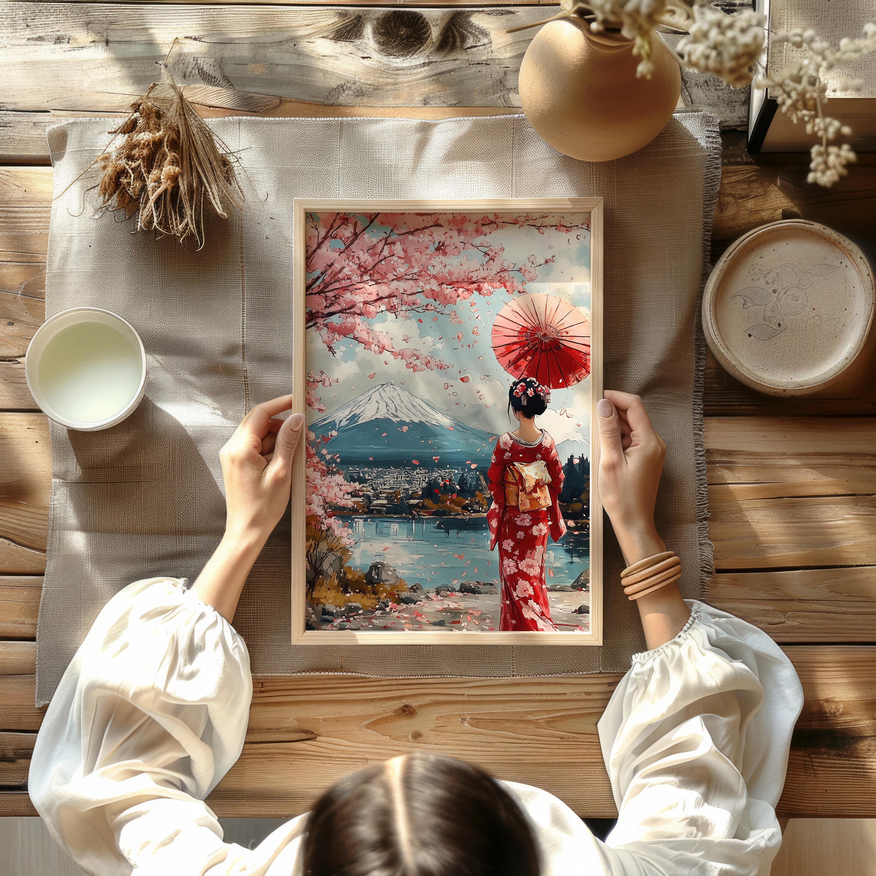 Japanese Geisha Fuji Poster – Cherry Blossom Wall Art, Traditional