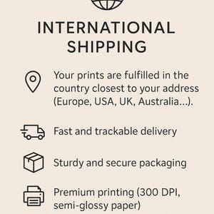 May include: A beige graphic with the words "INTERNATIONAL SHIPPING" and icons representing location, delivery, and packaging. Text describes fulfillment from the closest country, fast delivery, sturdy packaging, and premium printing.