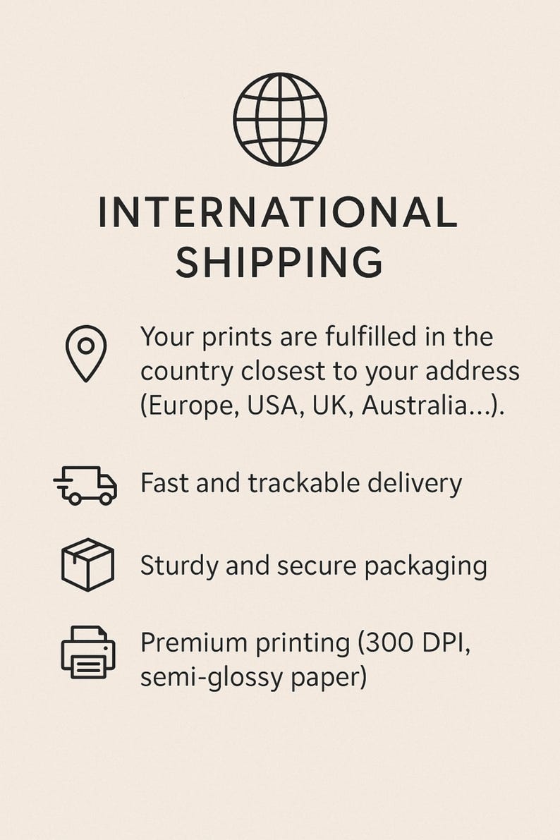 May include: A beige graphic with the words "INTERNATIONAL SHIPPING" and icons representing location, delivery, and packaging. Text describes fulfillment from the closest country, fast delivery, sturdy packaging, and premium printing.