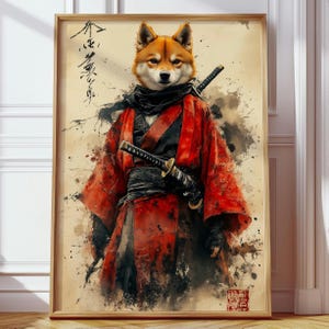 Shiba Inu Samurai Wall Art – Japanese Warrior Dog Poster, Red Kimono Dog Print, Bold Japan-Inspired Decor