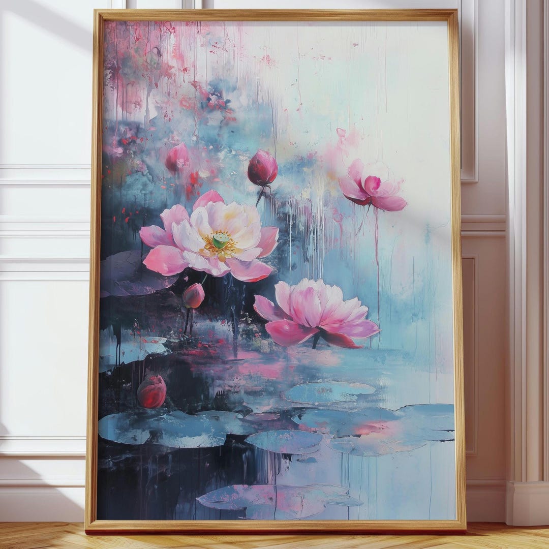 Japanese Lotus Poster | Pink Water Lily Art Print | Elegant Japanese ...