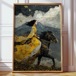 Japanese Warrior Princess Poster | Golden Horseback Art Print | Elegant Japanese Wall Art Gift