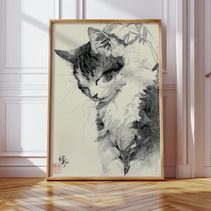 Póster de gato japonés | Arte mural minimalista de gatos | Estampado animal con tinta asiática | Decoración zen japonesa | Regalo para amantes de los gatos