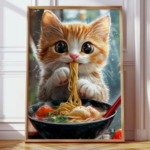 Cute Ramen Cat Poster | Japanese Noodle Art Print | Kawaii Animal Wall Art Gift