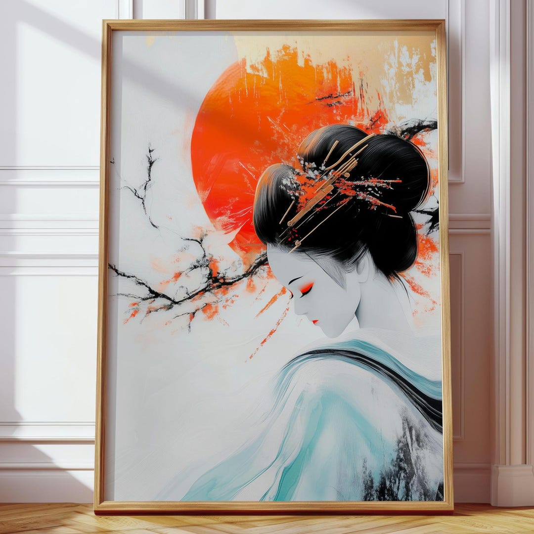Japanese Geisha and Red Sun Poster | Japanese Minimal Art Print ...