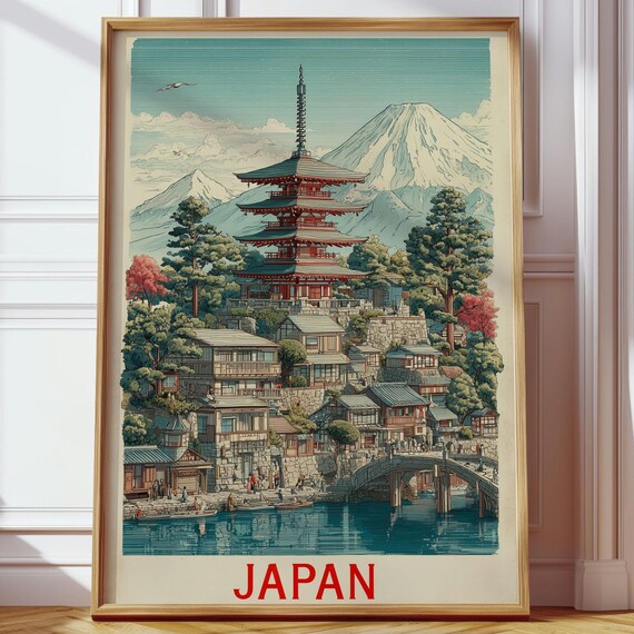 日本の仏塔ウォールアート - 富士山と伝統的な村を描いたヴィンテージ