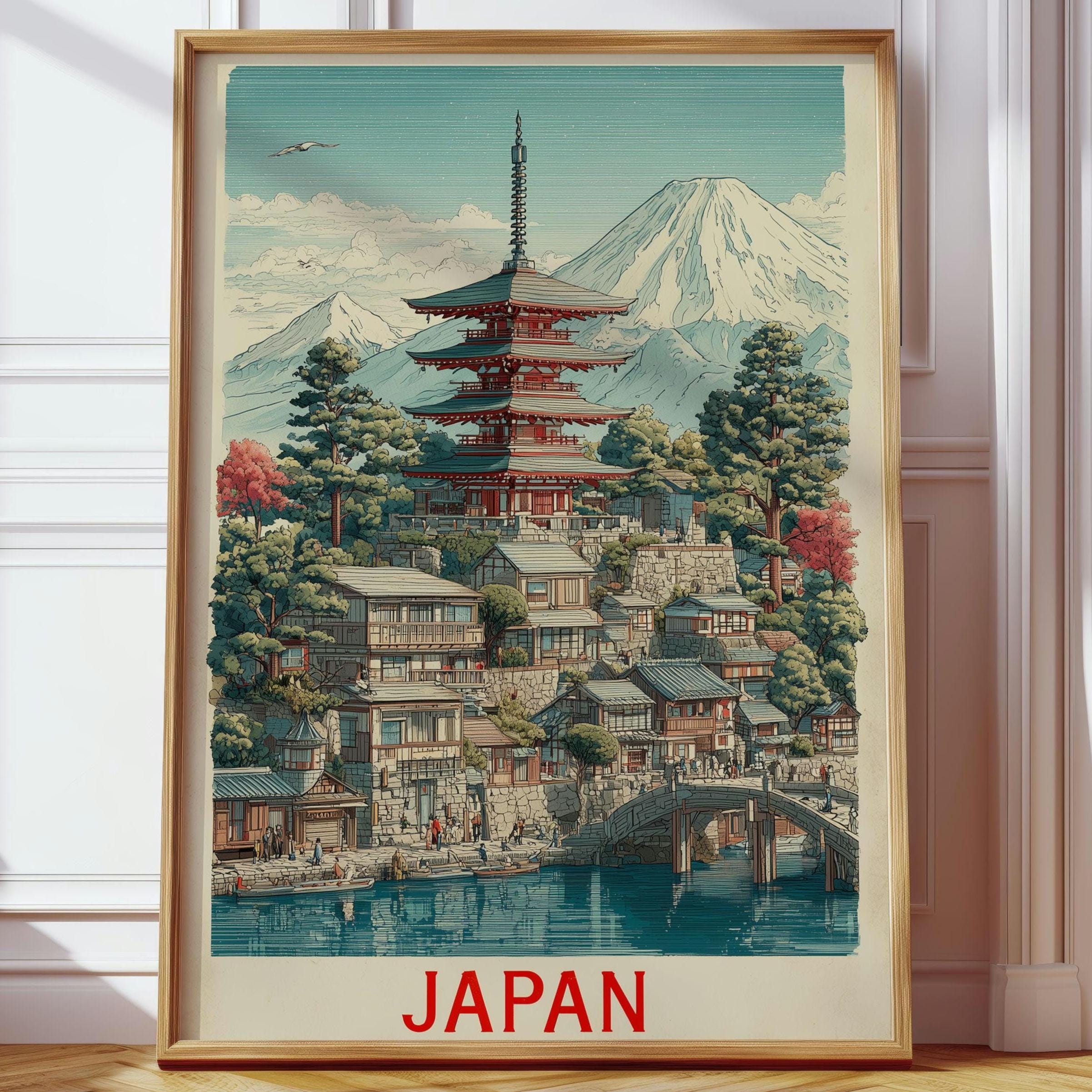 日本の仏塔ウォールアート - 富士山と伝統的な村を描いたヴィンテージ