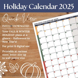 Holiday Calendar 2025 / Large Wall Calendar / 3-Month Calendar / 1 Page Planner / Fall Calendar / Winter Calendar / At A Glance / Quick View