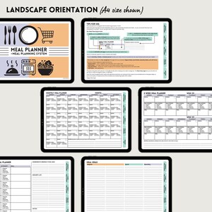 May include: A printable meal planner in landscape orientation with a title that reads "Meal Planner + Meal Planning System". The planner includes sections for a monthly meal planner, a two-week meal planner, a weekly meal planner, a grocery list, and meal ideas.