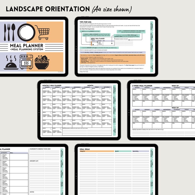 May include: A printable meal planner in landscape orientation with a title that reads "Meal Planner + Meal Planning System". The planner includes sections for a monthly meal planner, a two-week meal planner, a weekly meal planner, a grocery list, and meal ideas.