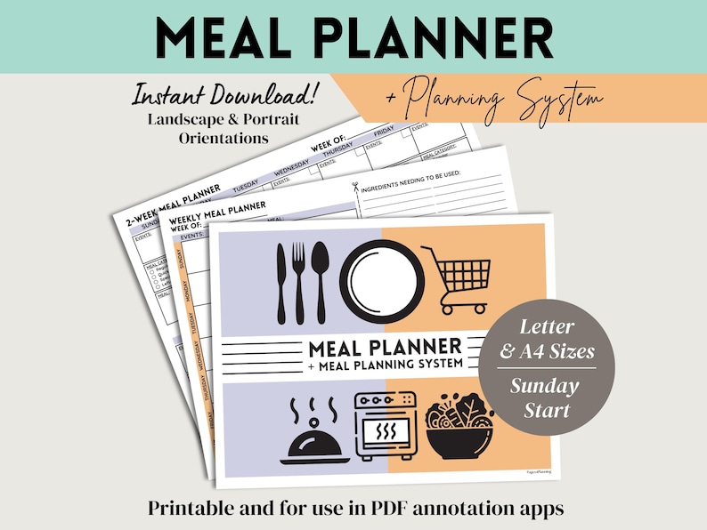 May include: A printable meal planner with a purple and orange design. The planner includes a weekly meal planner, a 2-week meal planner, and a grocery list. The planner is available in letter and A4 sizes and starts on Sunday.