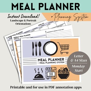 May include: A printable meal planner with a planning system. The planner has a light purple and orange background with black icons of a plate, fork, knife, spoon, shopping cart, a stove, and a bowl of salad. The text "Meal Planner + Meal Planning System" is in black on a white background. The text "Letter & A4 Sizes" and "Monday Start" is in white on a gray background.