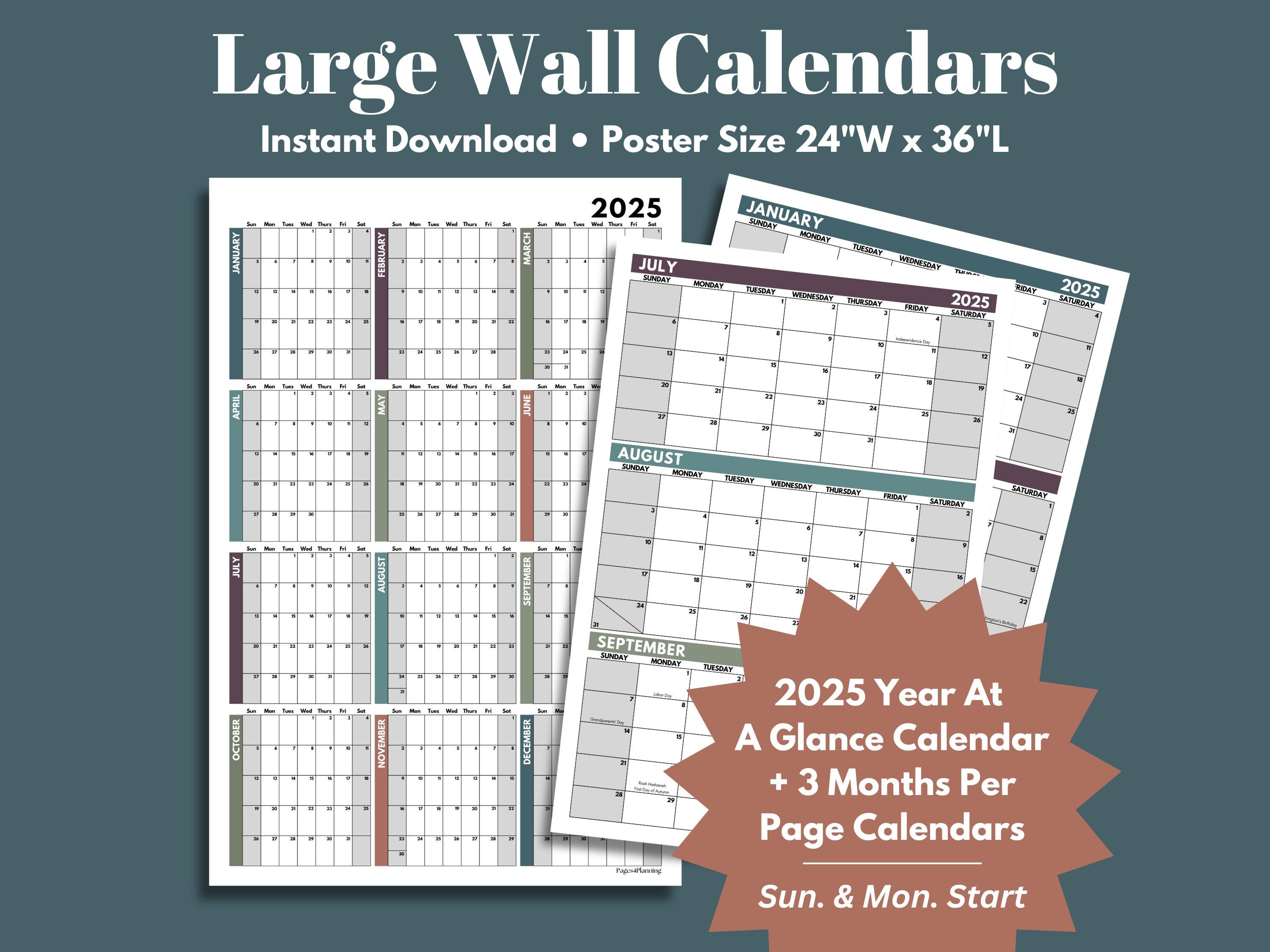 2025 Large Wall Calendar Printable / Yearly Calendar / Yearly Planner / 3-Month Calendar / 3 Months Per Page Calendar / Quarterly Calendar