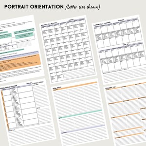 May include: Printable meal planner pages with sections for monthly, weekly, and 2-week meal planning. Includes a grocery list, meal ideas, and notes sections.
