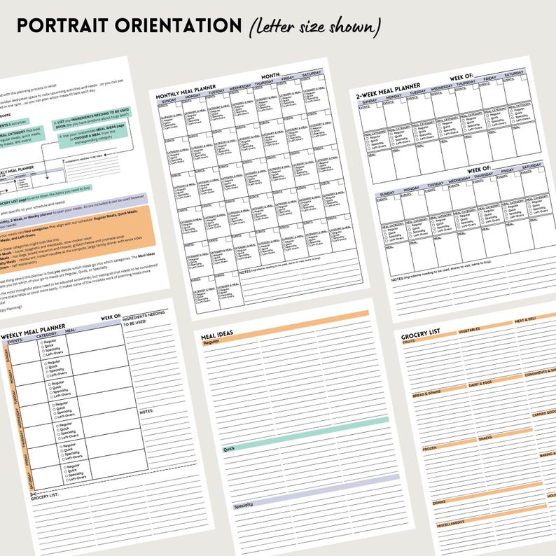 May include: Printable meal planner pages with sections for monthly, weekly, and 2-week meal planning. Includes a grocery list, meal ideas, and notes sections.