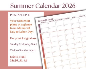 Calendario estivo 2026: Agenda trimestrale in formato Letter o Poster (Download digitale in PDF)