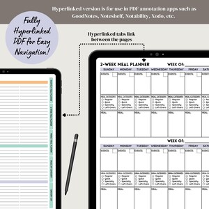 May include: A digital planner for meal planning, with two weeks of meal planning grids. Each day has a section for events, meal category, and meal. The planner is designed for use with PDF annotation apps such as GoodNotes, Noteshelf, Notability, Xodo, etc.
